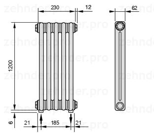 Схема (чертеж) Радиатор Zehnder Charleston 2120/5 №3570 Белый глянцевый RAL 9016